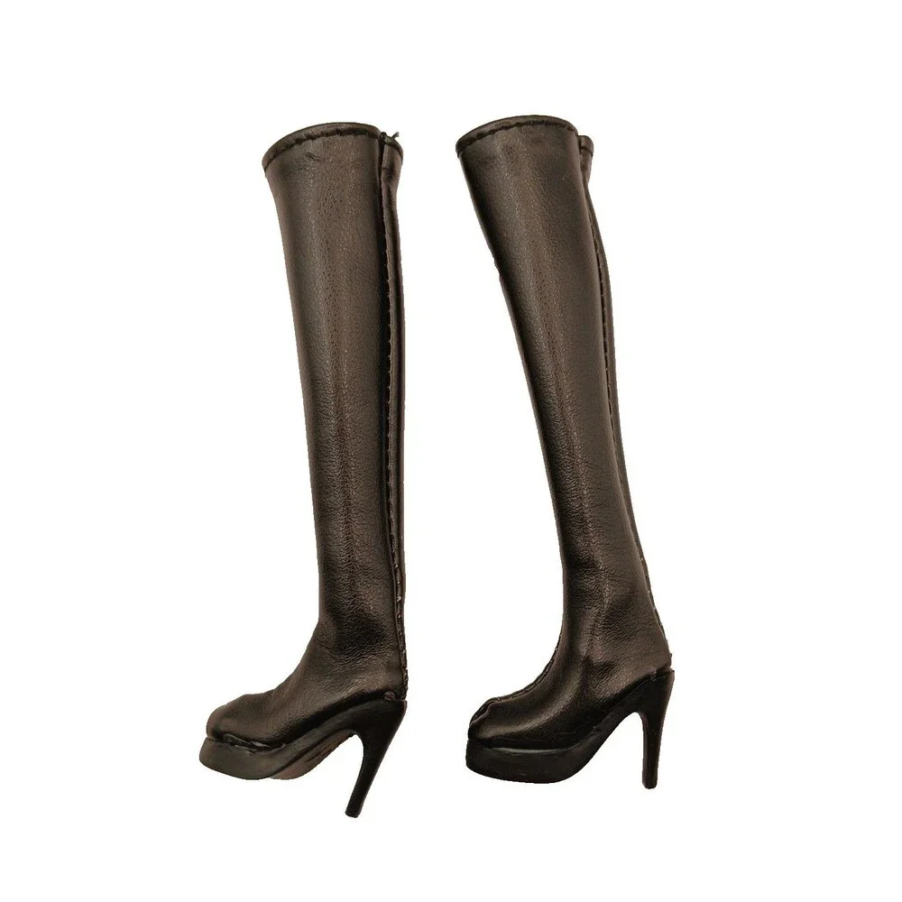 Black Pleather Slip On Over the Knee Boots Shoes for Fashion Dolls Marked 